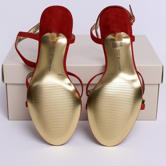 New BCBGeneration Red Strappy Heels with Colorful Gem Embellishments - Picture 4 of 4